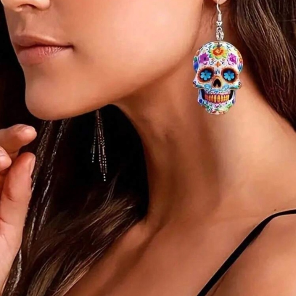 Floral Skull Drop Earrings - Picture 2 of 3